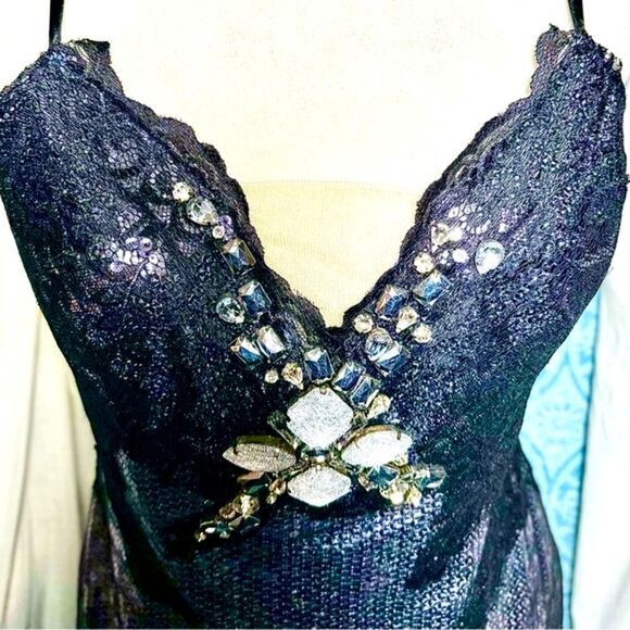 Lace & Jewel Embellished Sequin Cocktail Formal Dress Sz M - Picture 3 of 4